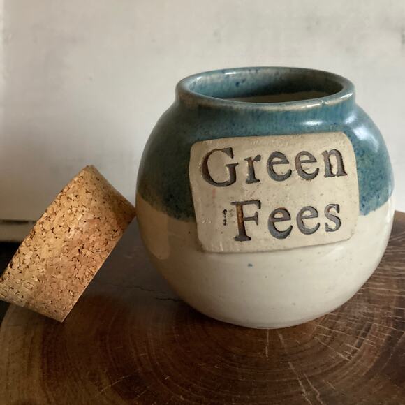 GREENS FEES JAR Ceramic Pottery Cork Stopper Golf Rustic Farmhouse Money Bank - Picture 6 of 10